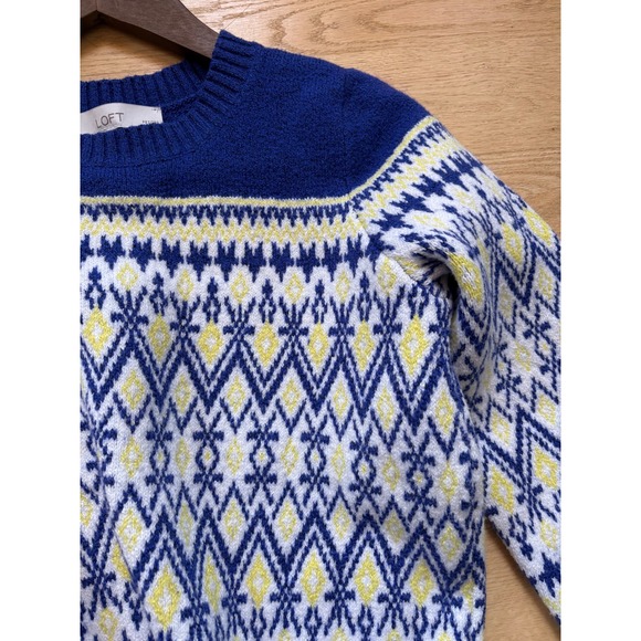 LOFT Petite Fair Isle Geometric Knit Sweater Blue Yellow White Women's SP - Picture 8 of 8